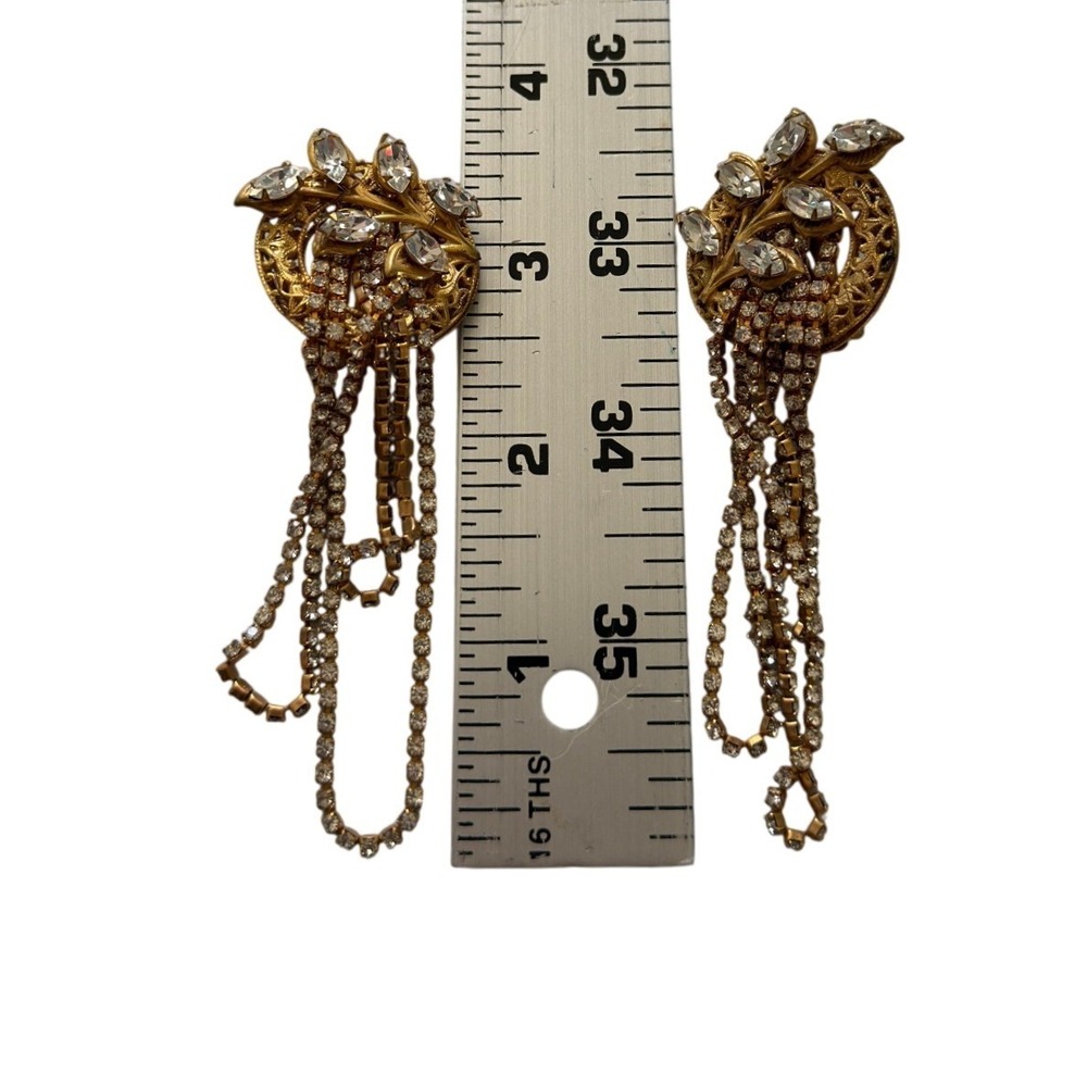 Vintage Miriam Haskell SIgned Gold Tone Rhinestone Waterfall Chandelier Earrings - Picture 6 of 11
